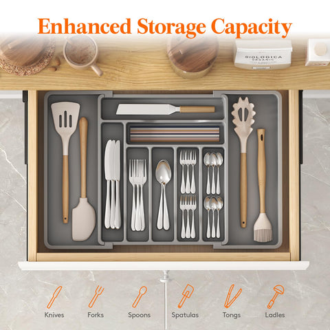 Lifewit expandable drawer organizer reaches 22.4 inches for larger utensil sets.