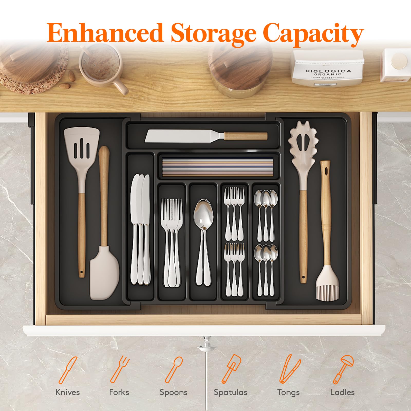 Lifewit silverware drawer organizer expanded to 22.4 inches for larger drawers.