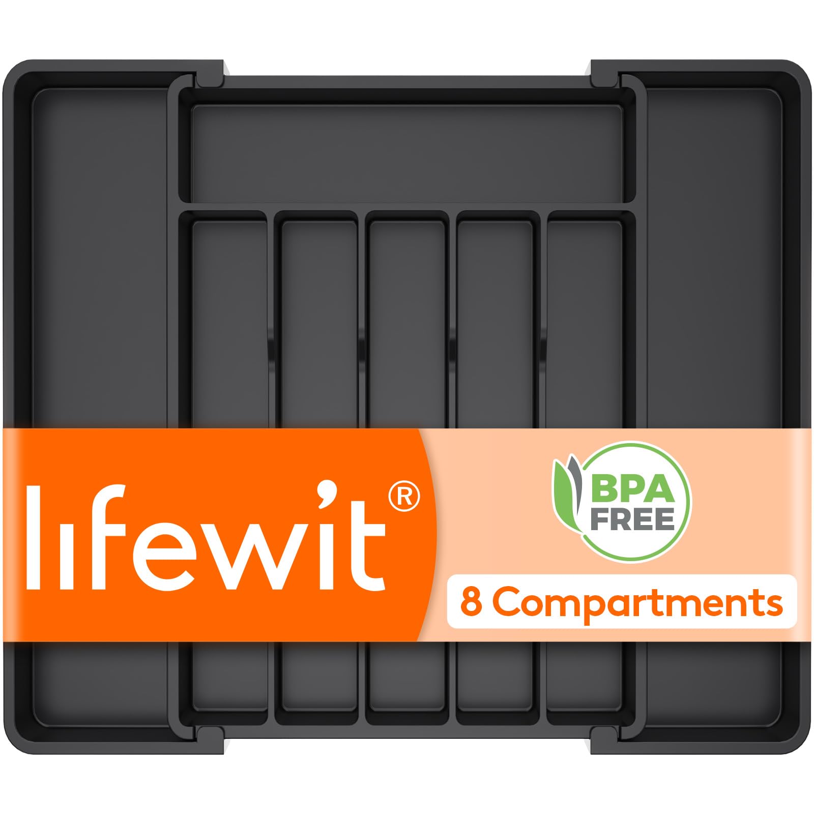 Lifewit silverware drawer organizer extended to fit larger drawers with easy accessibility.
