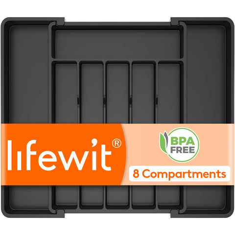 Lifewit silverware drawer organizer extended to fit larger drawers with easy accessibility.