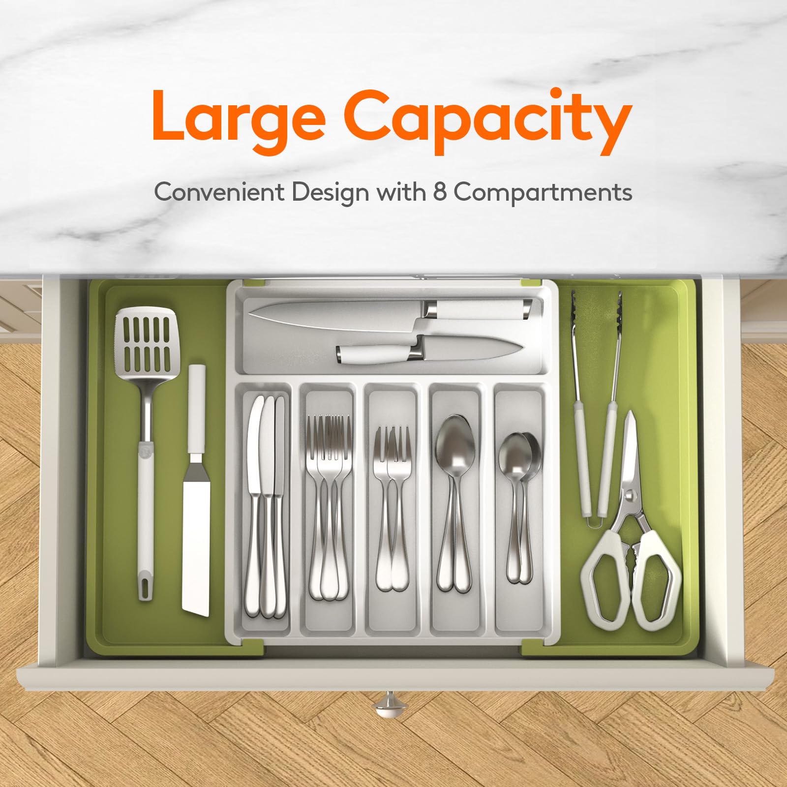 Lifewit Silverware Drawer Organizer with right panel extended for more room