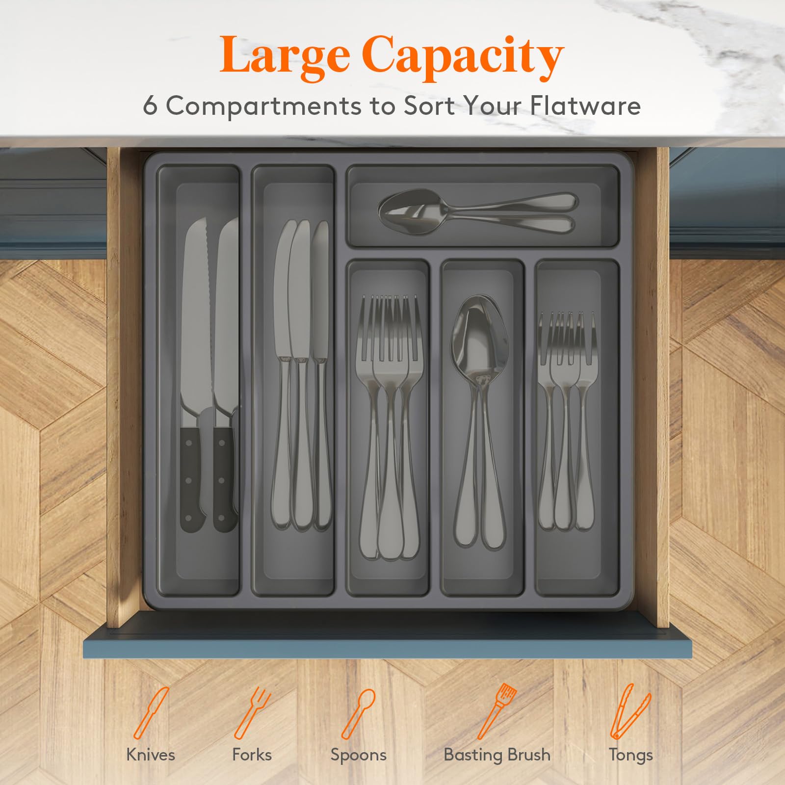 Lifewit silverware organizer fits most drawers for tidy kitchen storage.