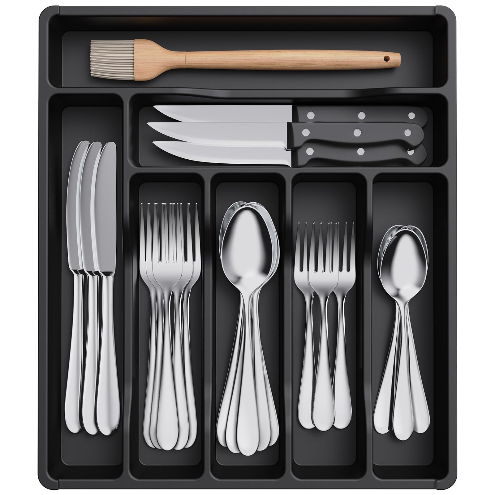 Lifewit silverware tray with 7 compartments keeps utensils neatly organized.