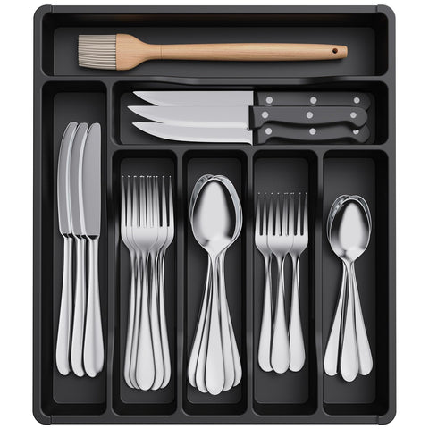 Lifewit silverware tray with 7 compartments keeps utensils neatly organized.