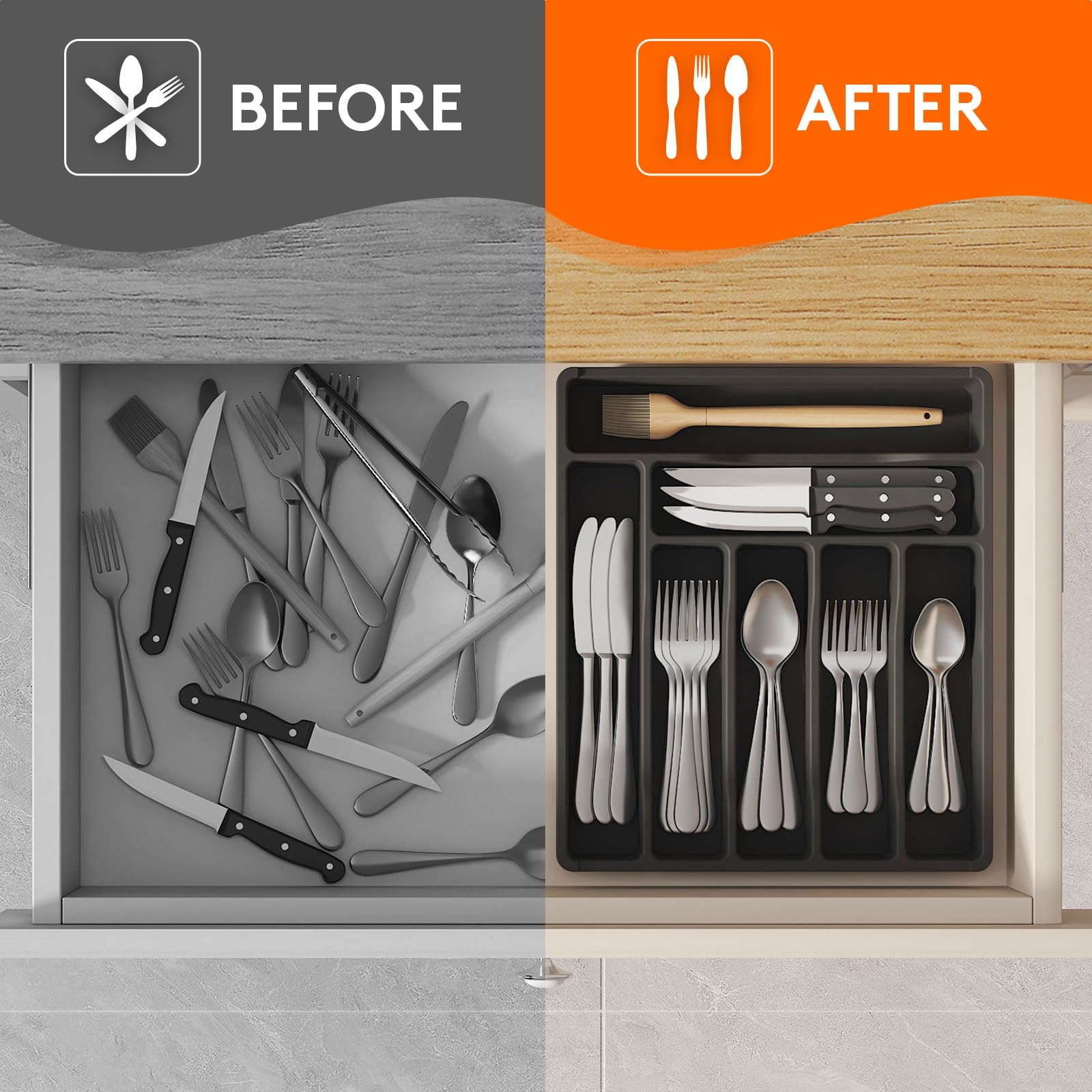Lifewit silverware tray enables fast access during meal prep.