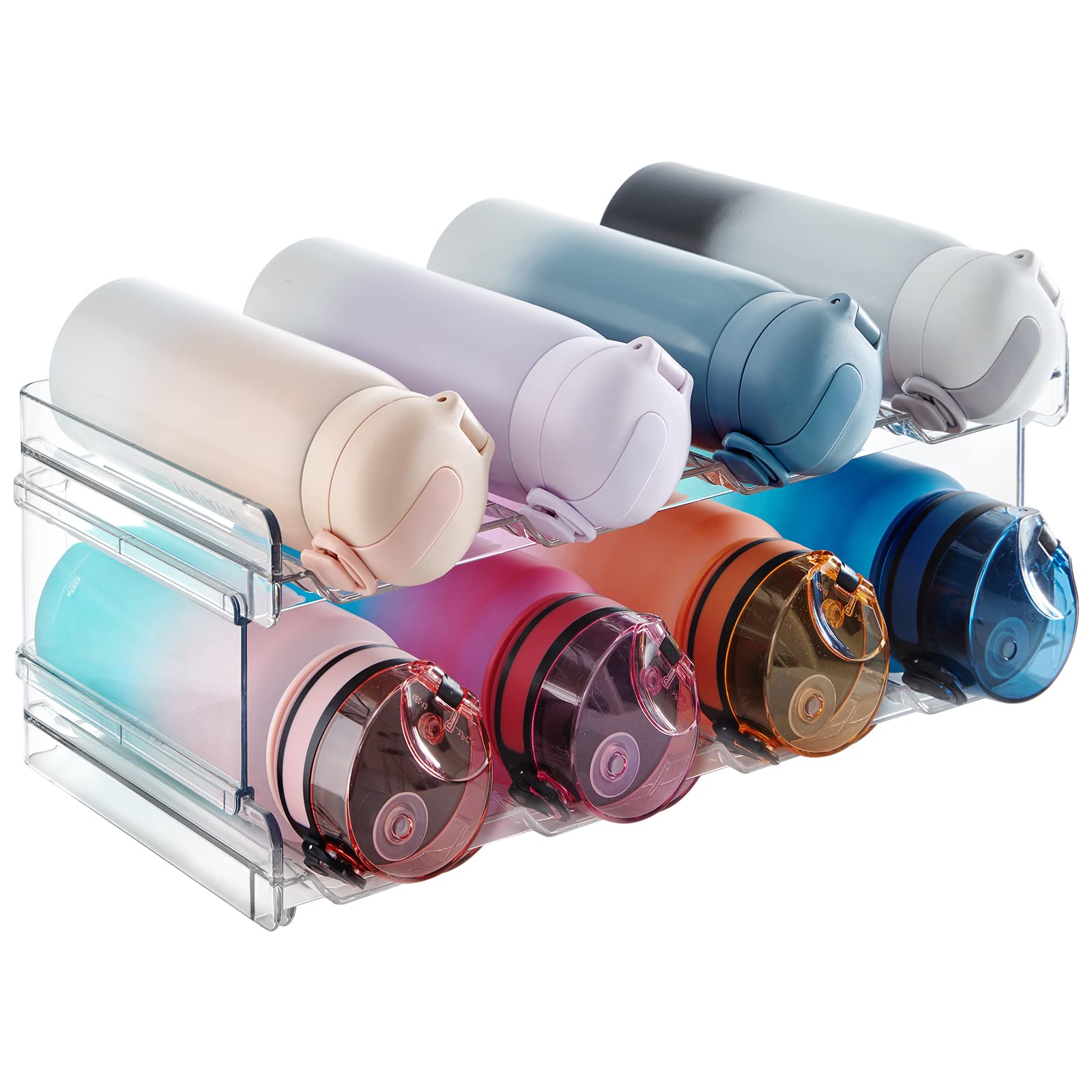 Lifewit stackable bottle organizer on pantry shelf keeps bottles neatly separated.