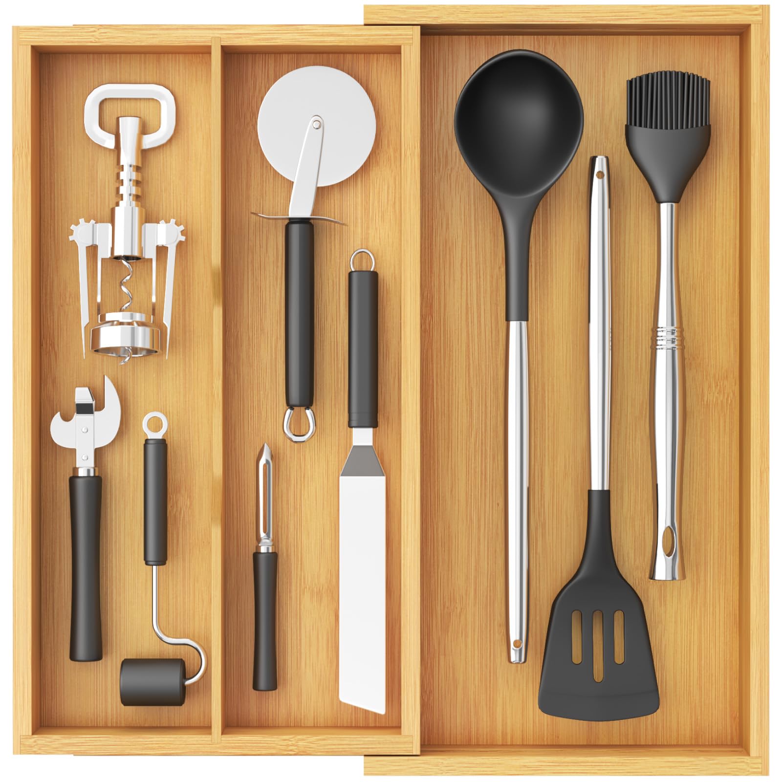 Lifewit bamboo utensil drawer organizer expands to fit most drawers.
