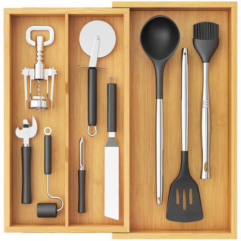 Lifewit bamboo utensil drawer organizer expands to fit most drawers.