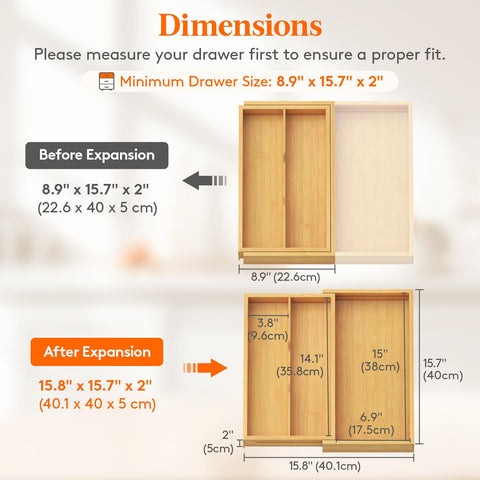Lifewit adjustable width fits drawers from 8.9 to 15.8 inches.