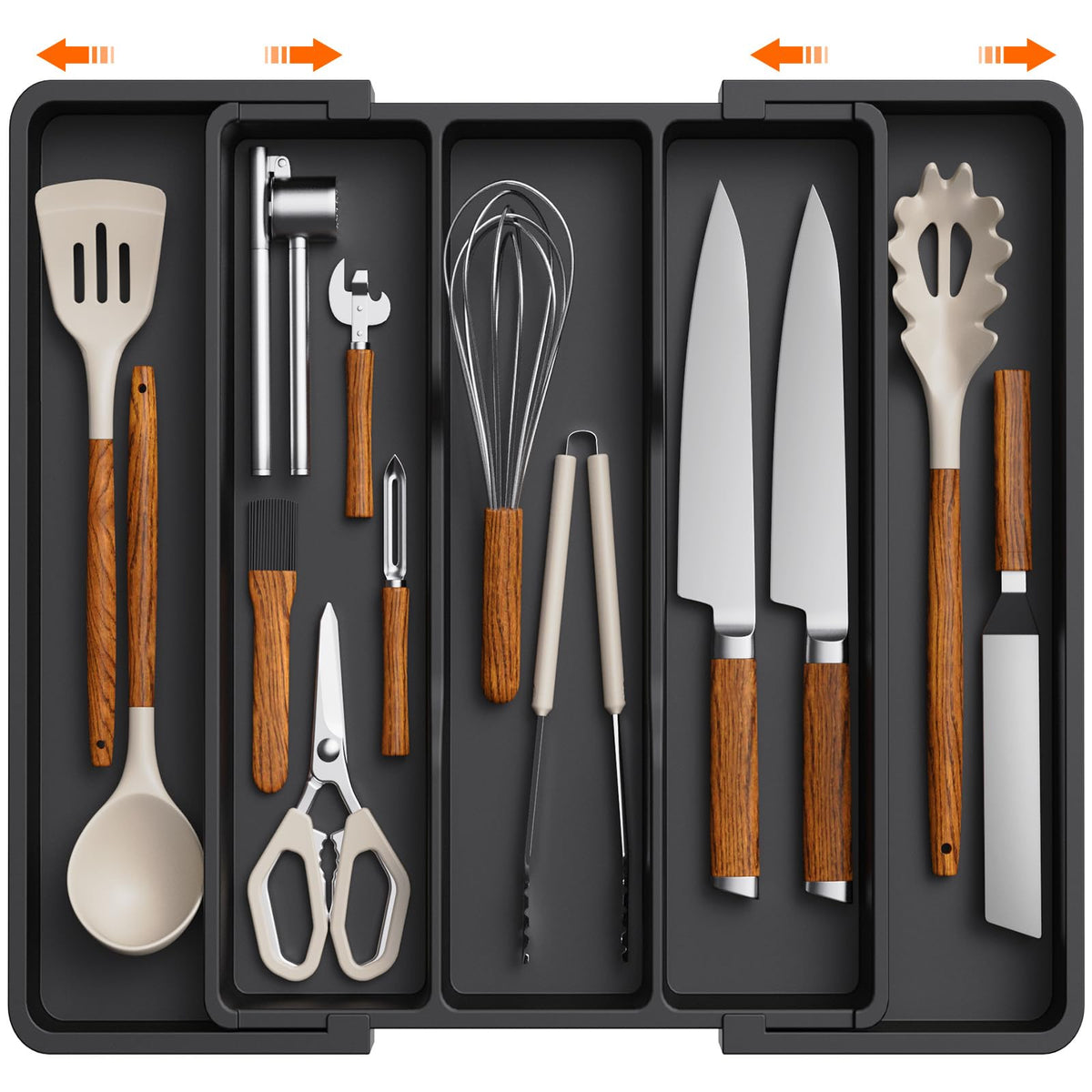 Lifewit utensil organizer shown in-drawer setup with easy access to spatulas and ladles.