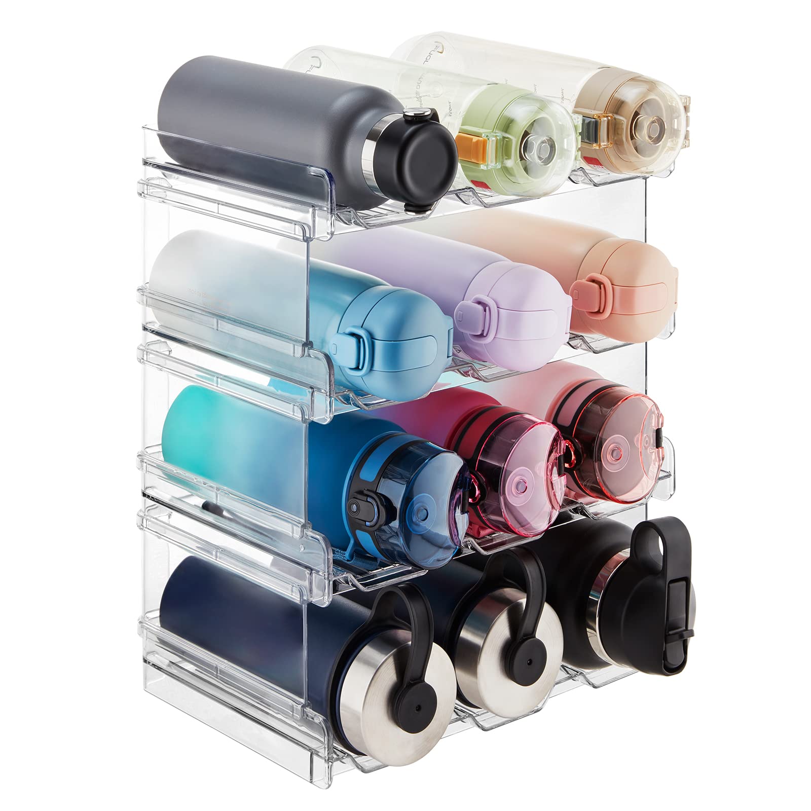 Lifewit water bottle organizer demonstrates stackable design for compact pantry storage.