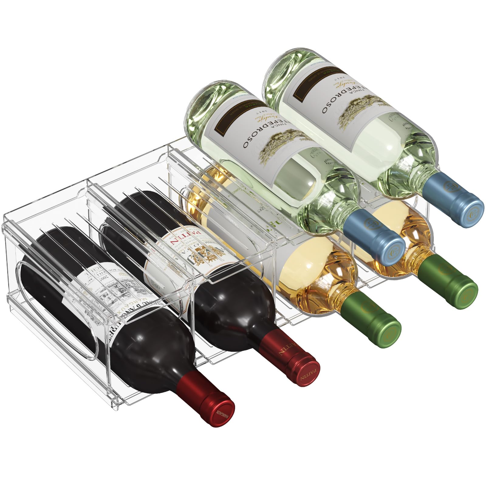Lifewit wine rack in fridge showing four bottles per layer for organized cooling