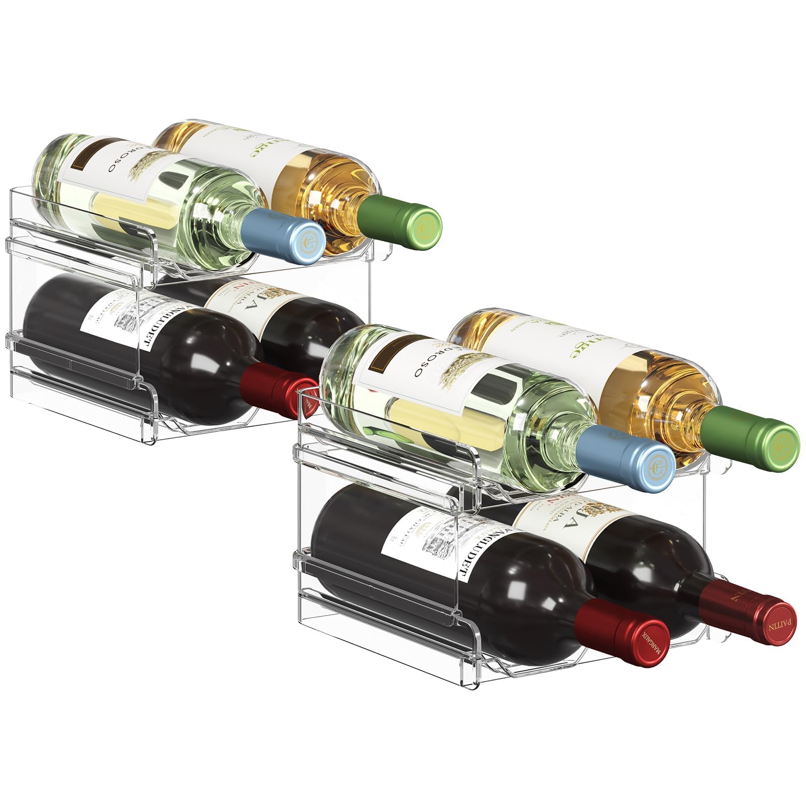 Lifewit stackable wine rack in fridge keeps bottles organized.