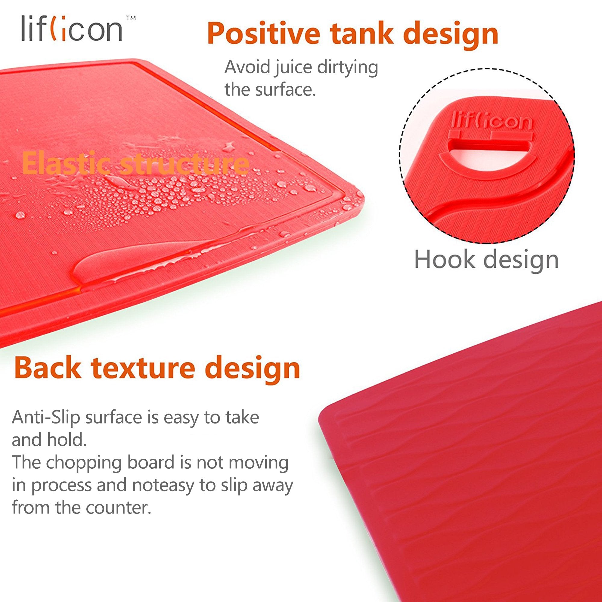Liflicon red cutting board, dishwasher-safe silicone for easy cleaning.