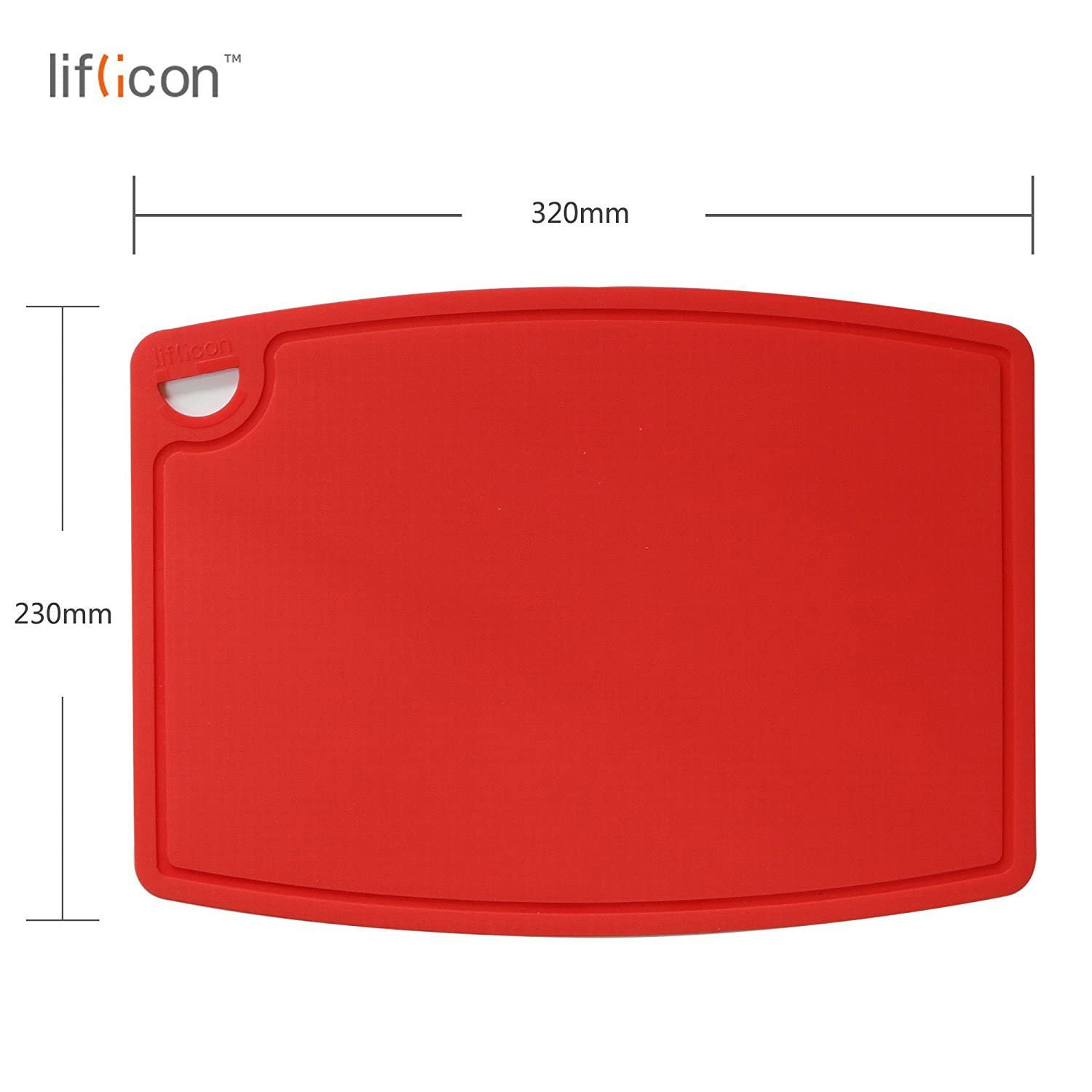 Liflicon cutting board showing easy-grip handle for secure slicing.