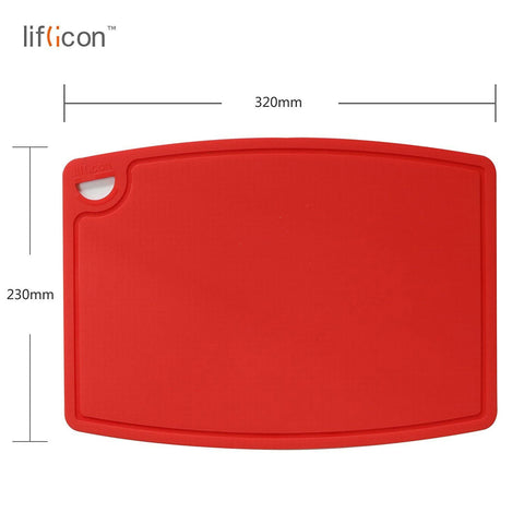 Liflicon cutting board showing easy-grip handle for secure slicing.