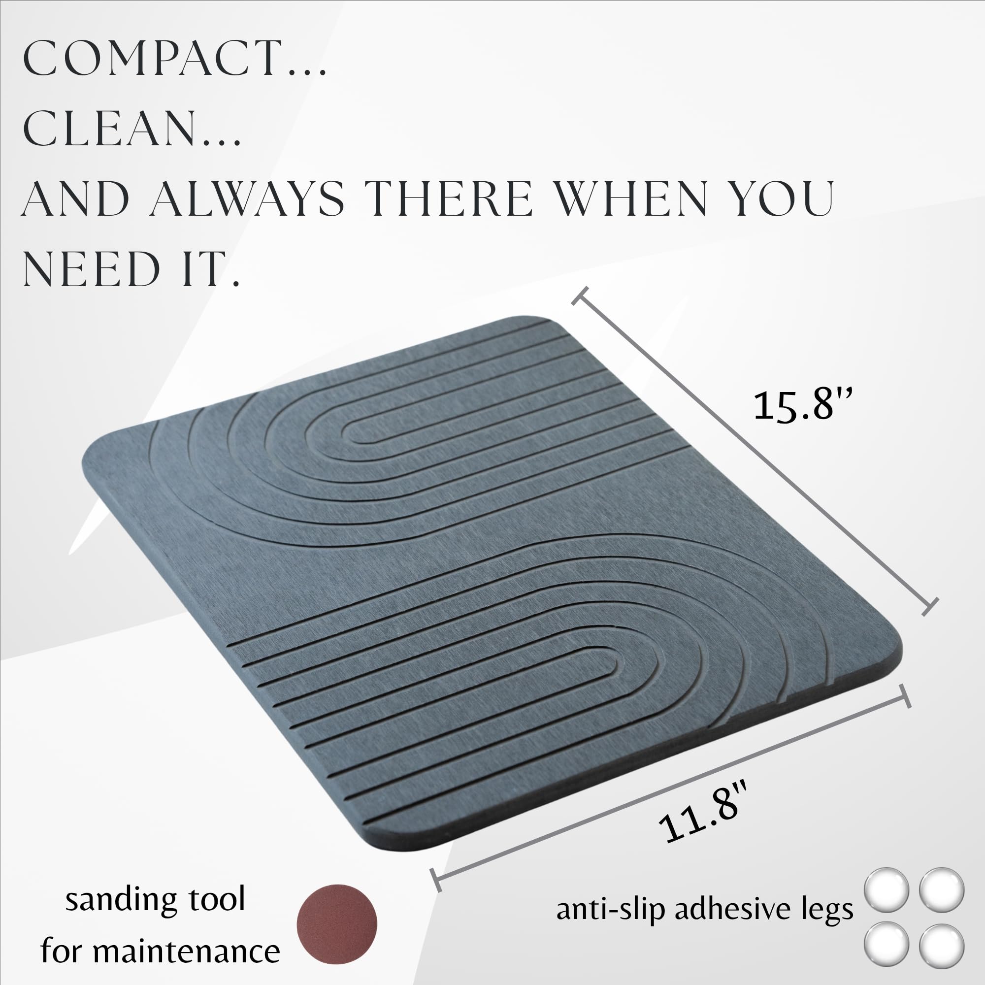 LIFSEZY grey diatomite mat complements a modern kitchen aesthetic.