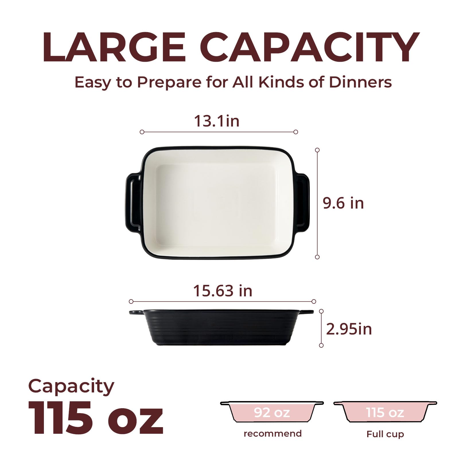 LIFVER ceramic bakeware deep pan with handles enables easy transport from oven to table.