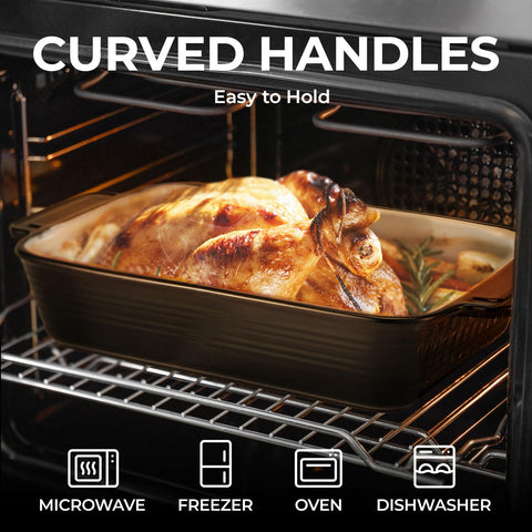 LIFVER oven-safe ceramic dish maintains warmth and cooks evenly through large portions.