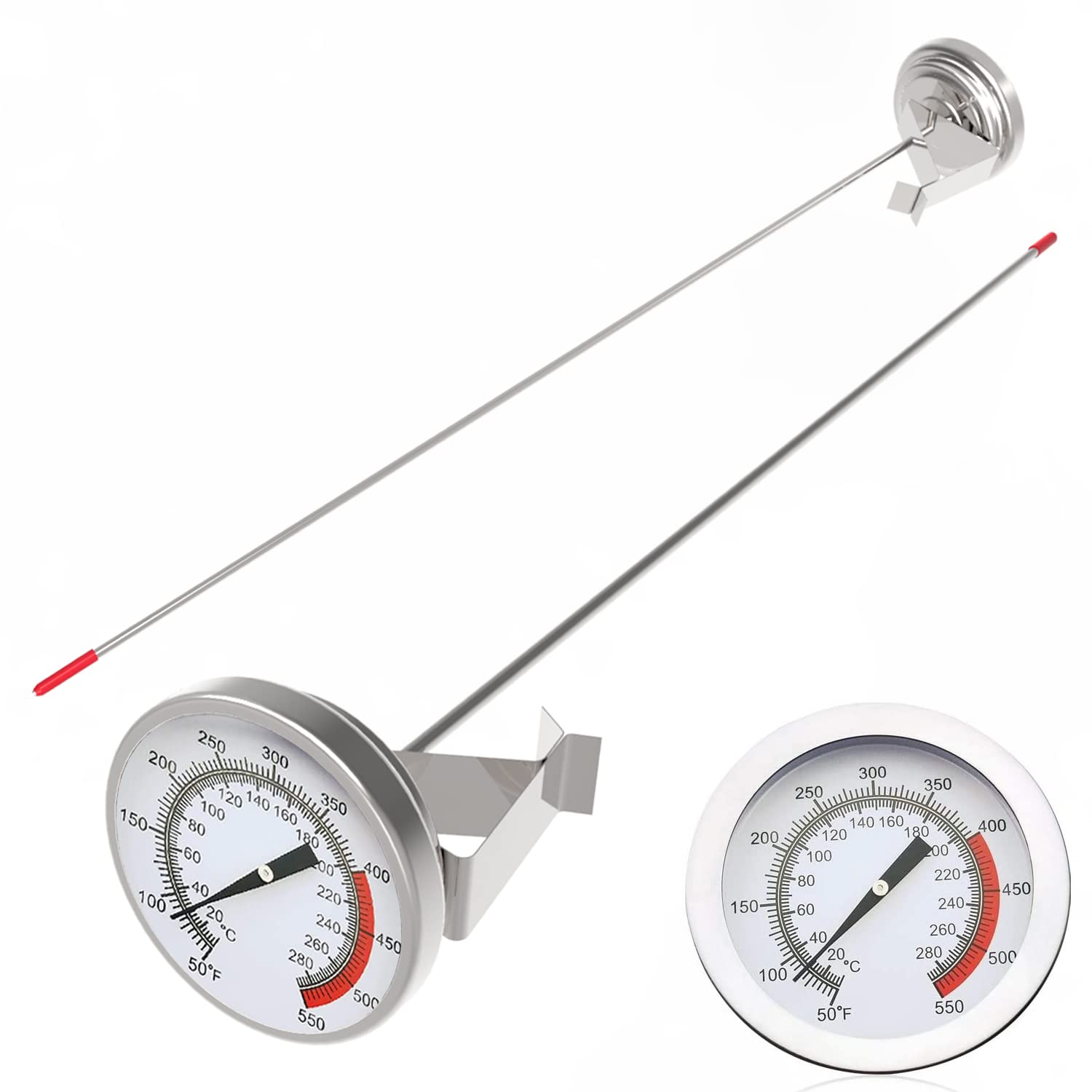 LightBeam deep fry thermometer with 16-inch stem and clip for safe pot monitoring.