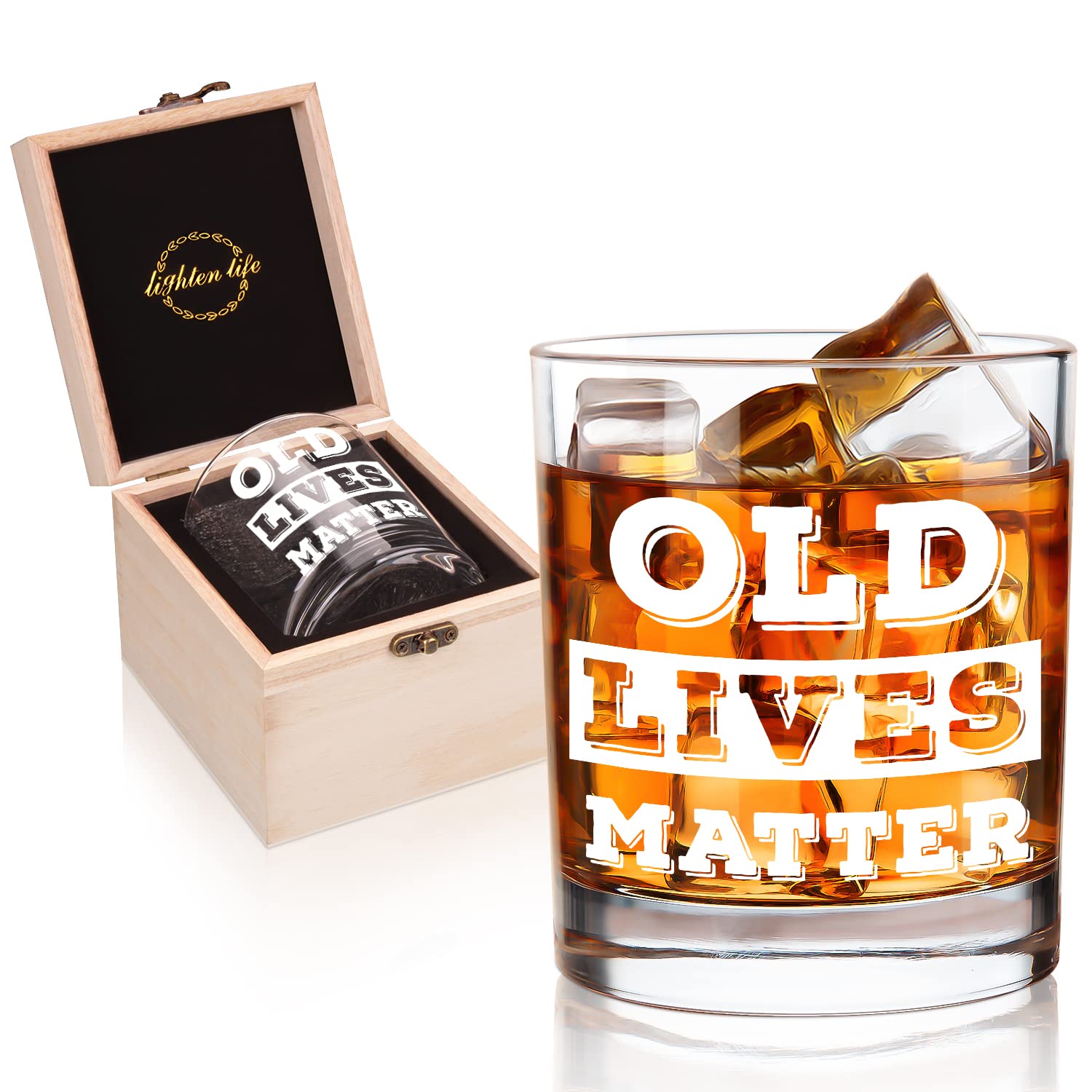 LIGHTEN LIFE Old Lives Matter whiskey glass 12oz for celebrations and everyday use.