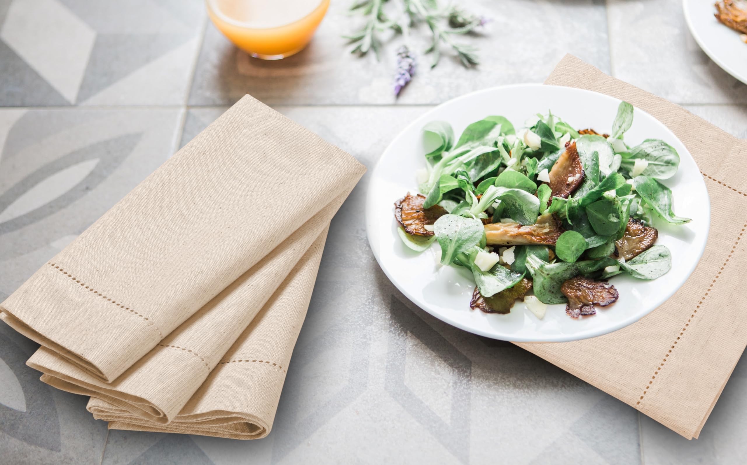 Light & Pro natural flax cotton napkins with durable hemstitched edges.