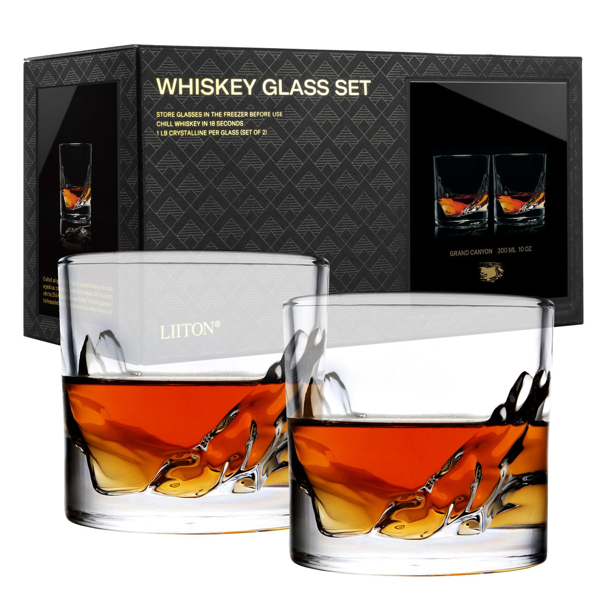 LIITON Grand Canyon heavy crystal whiskey glasses set, naturally chilling and aerating spirits.