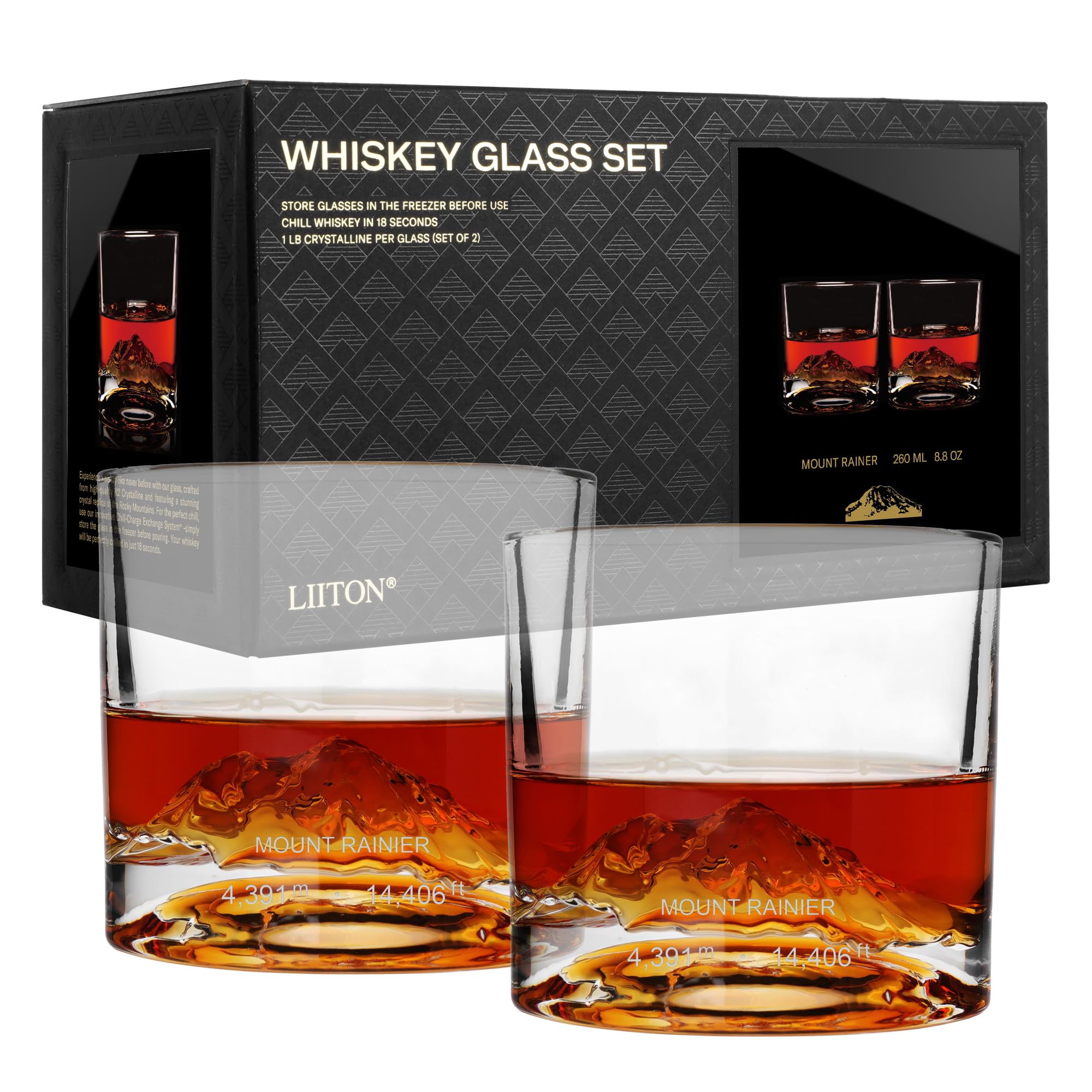 LIITON Mount Rainier glasses feature a 3D replica for enhanced whiskey aesthetics