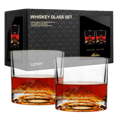 LIITON Mount Rainier glasses feature a 3D replica for enhanced whiskey aesthetics