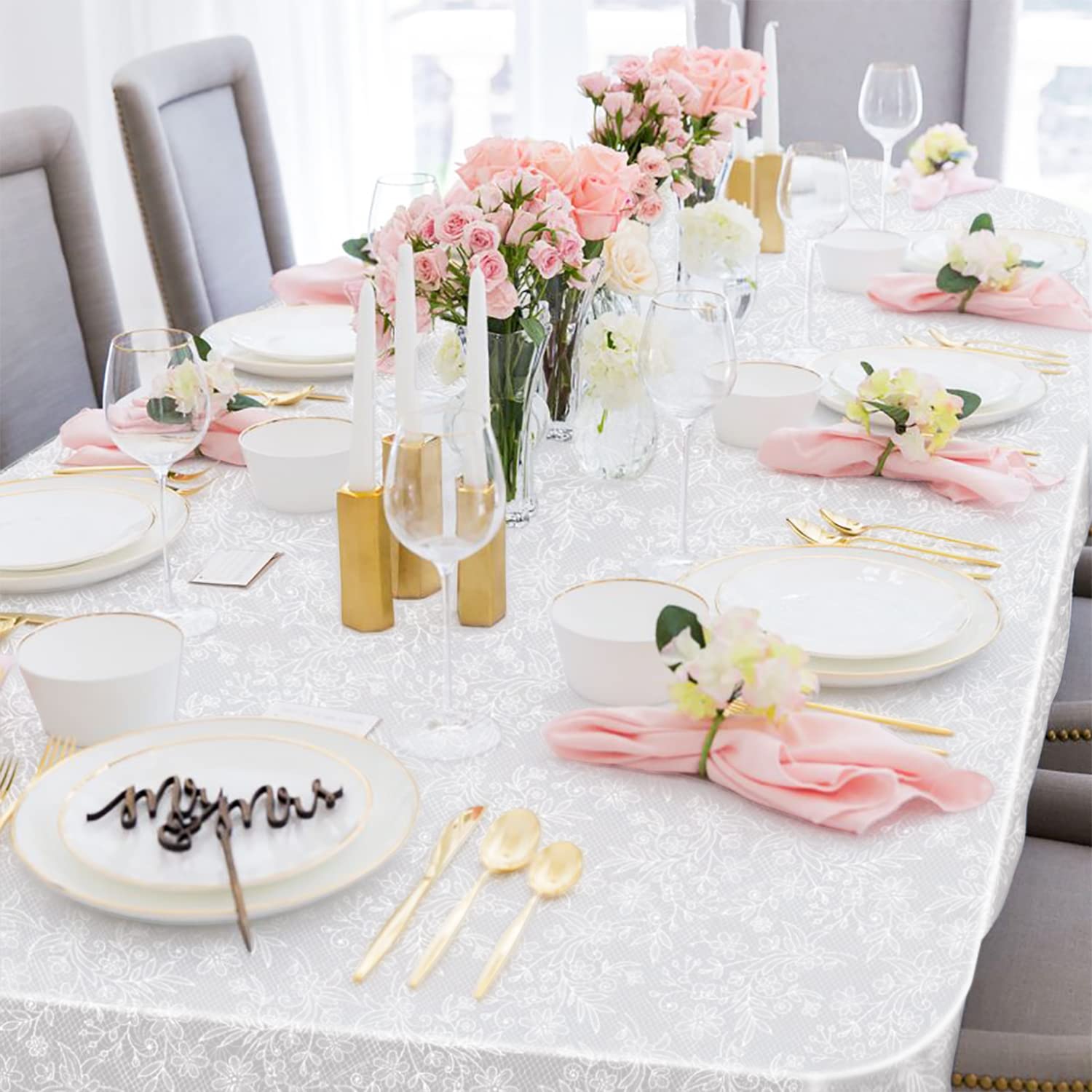 LIKAJON wedding reception setup with white lace tablecloth