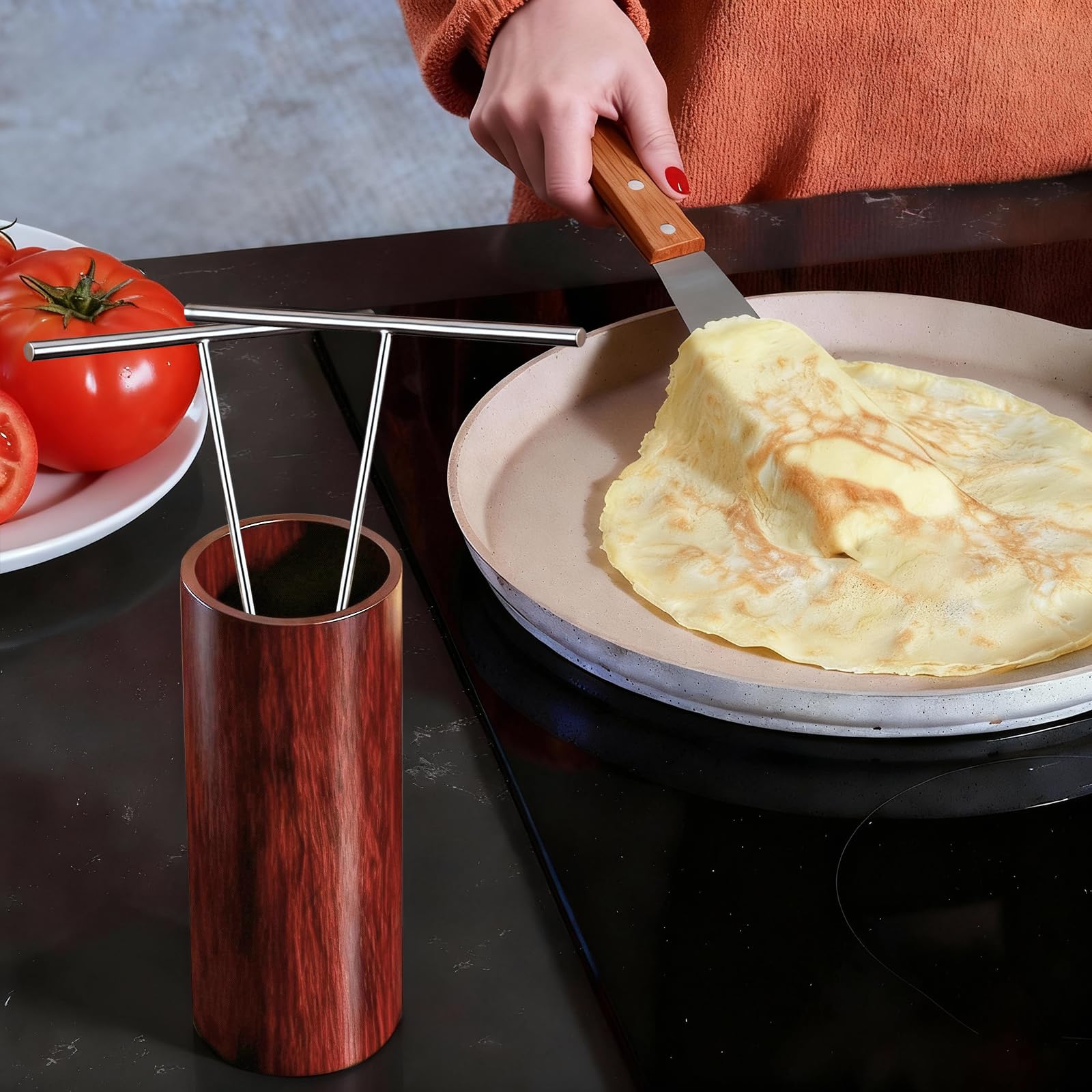 Lilithye 12-inch crepe spatula showcases sturdy steel and long handle for easy flipping.