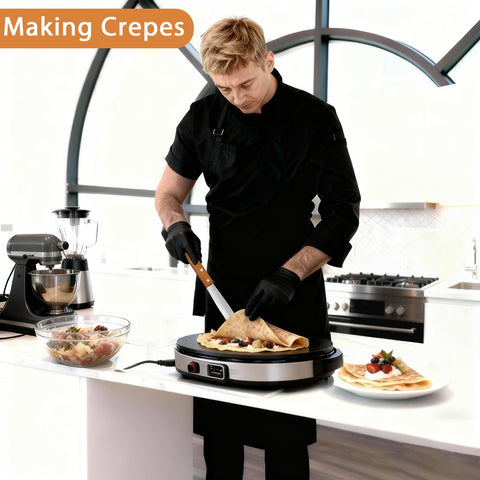 Lilithye wooden-handle spatula close-up emphasizes cool touch while lifting delicate crepes.