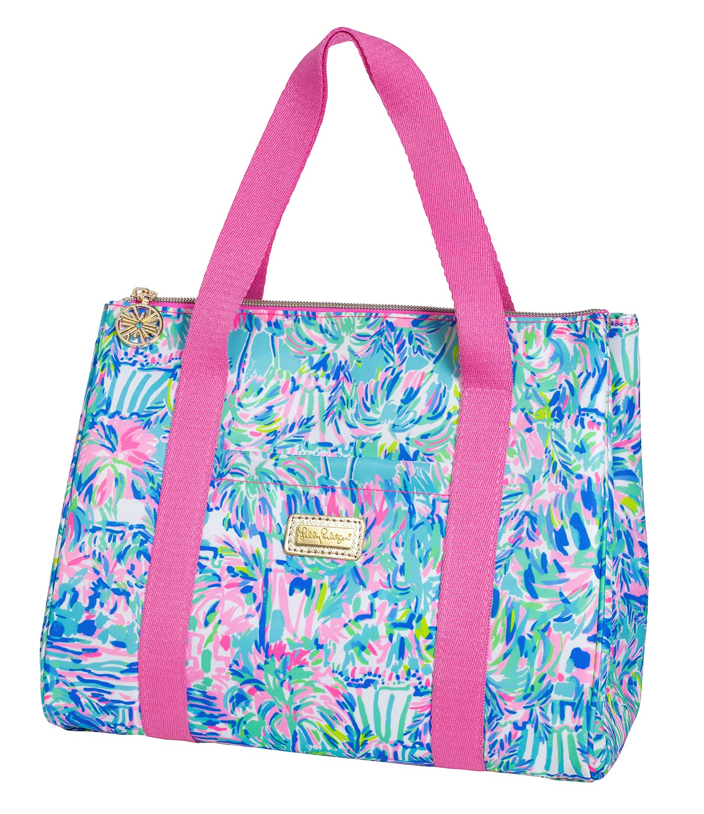 Lilly Pulitzer insulated tote with exterior pocket for utensils and napkins