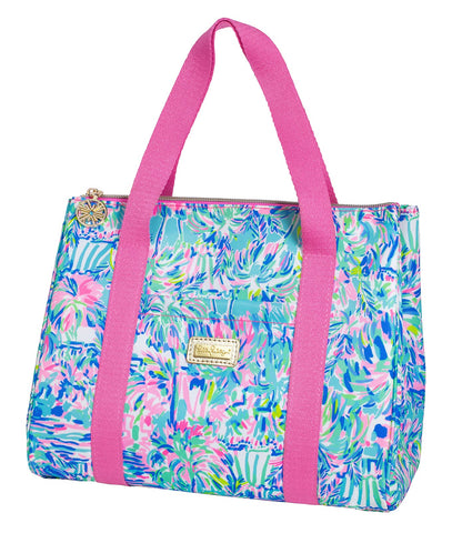 Lilly Pulitzer insulated tote with exterior pocket for utensils and napkins