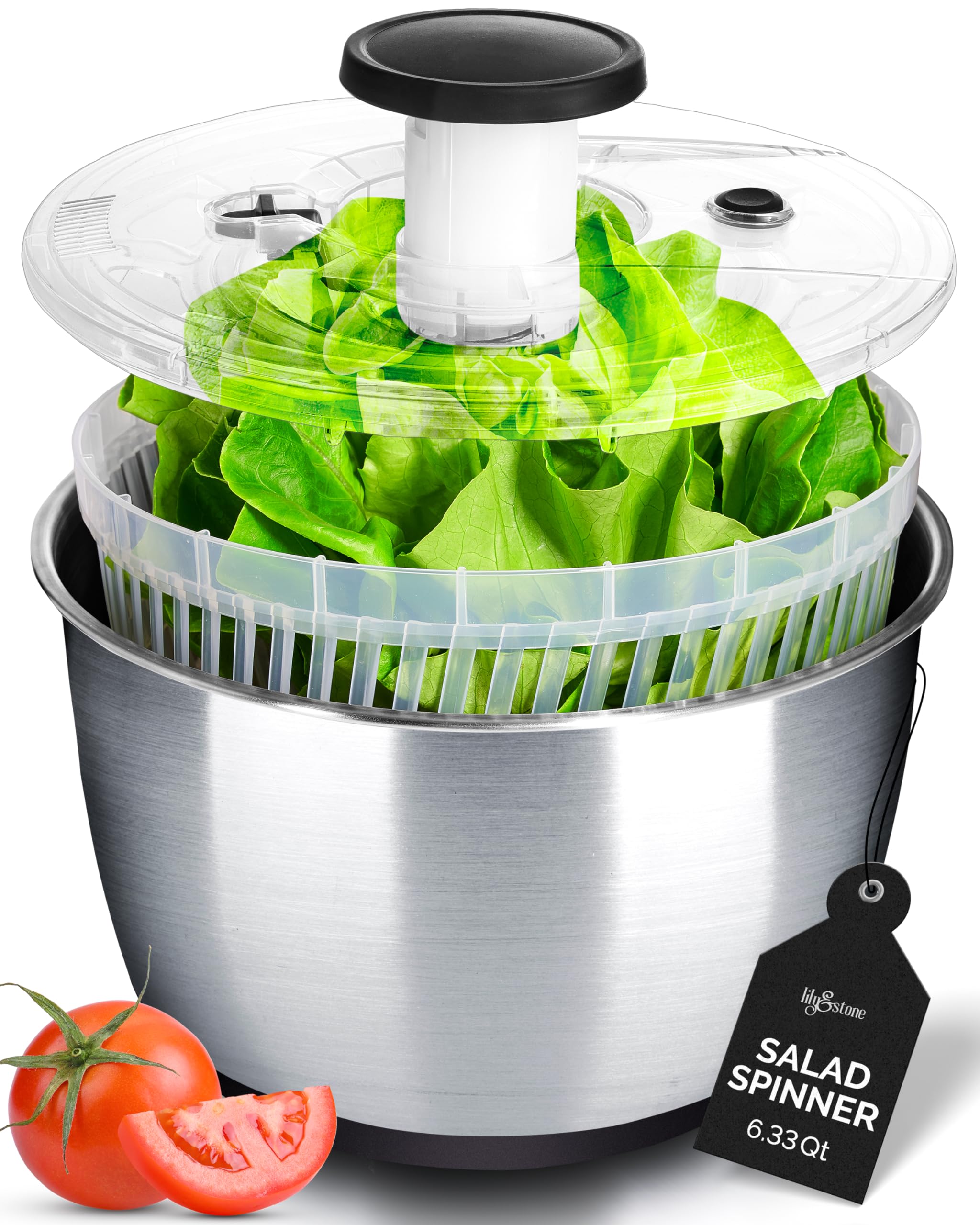 lily&stone large salad spinner with pump action for quick, mess-free drying.