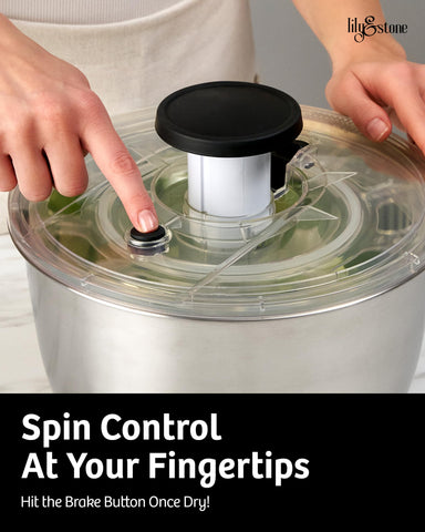 lily&stone multi-use spinner cleans greens, dries vegetables, and de-oils fries for crisp results.