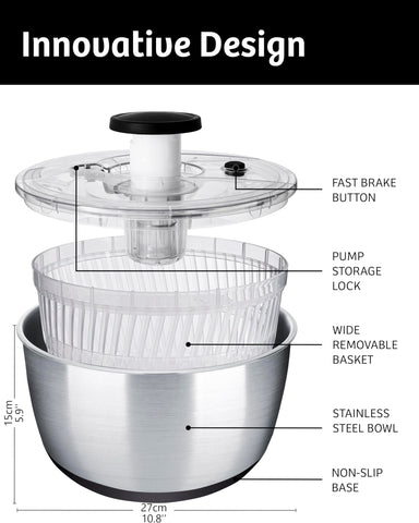 lily&stone salad spinner drain feature makes washing greens easy and water-free.