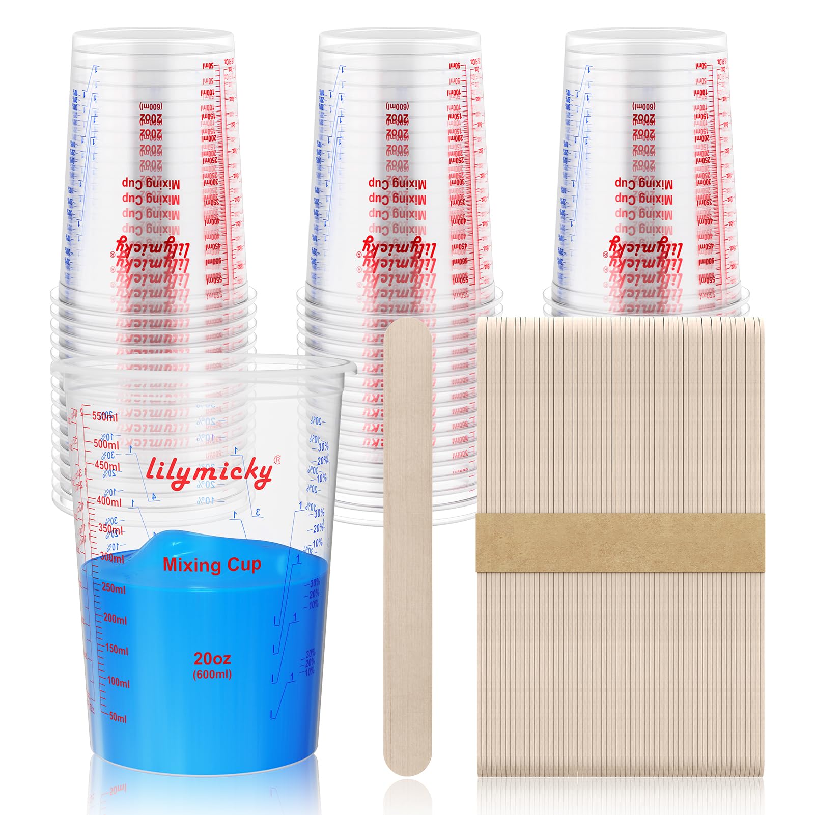Lilymicky 50-pack mixing cups (20 oz) for accurate resin proportions.