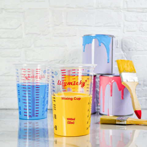 Lilymicky cups show oz and ml markings for accurate measurement in projects.
