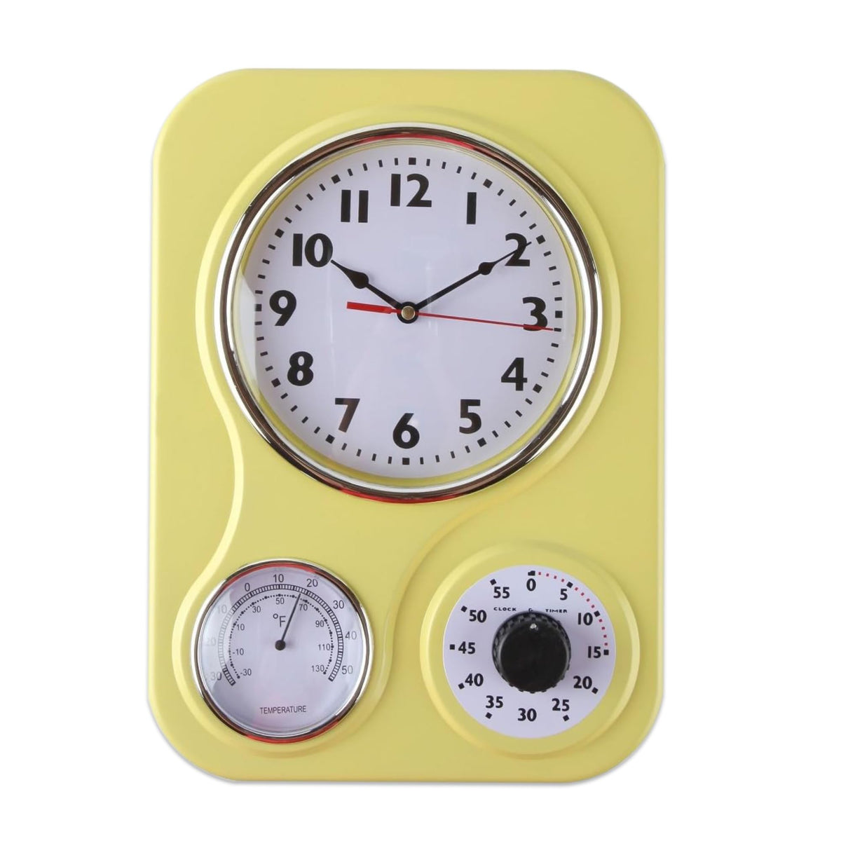 Lily's Home retro kitchen wall clock shows thermometer and timer for quick kitchen checks.