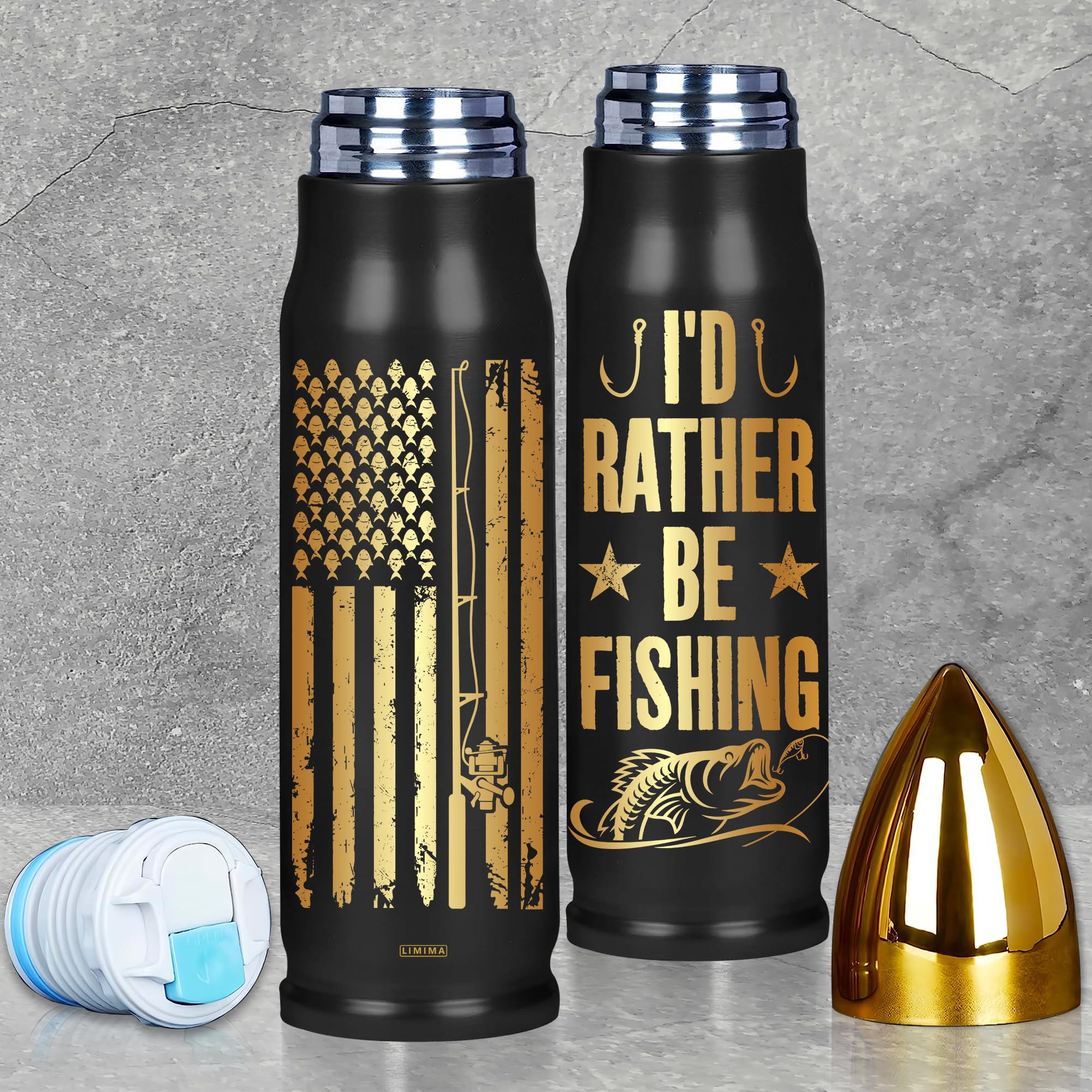 Limima fishing tumbler with flag fish icons, keeps drinks at the right temperature outdoors.