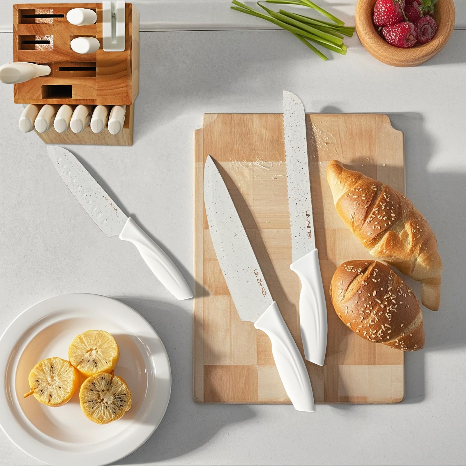 LIN ZHI REN steak knives in a block for table-ready servings.