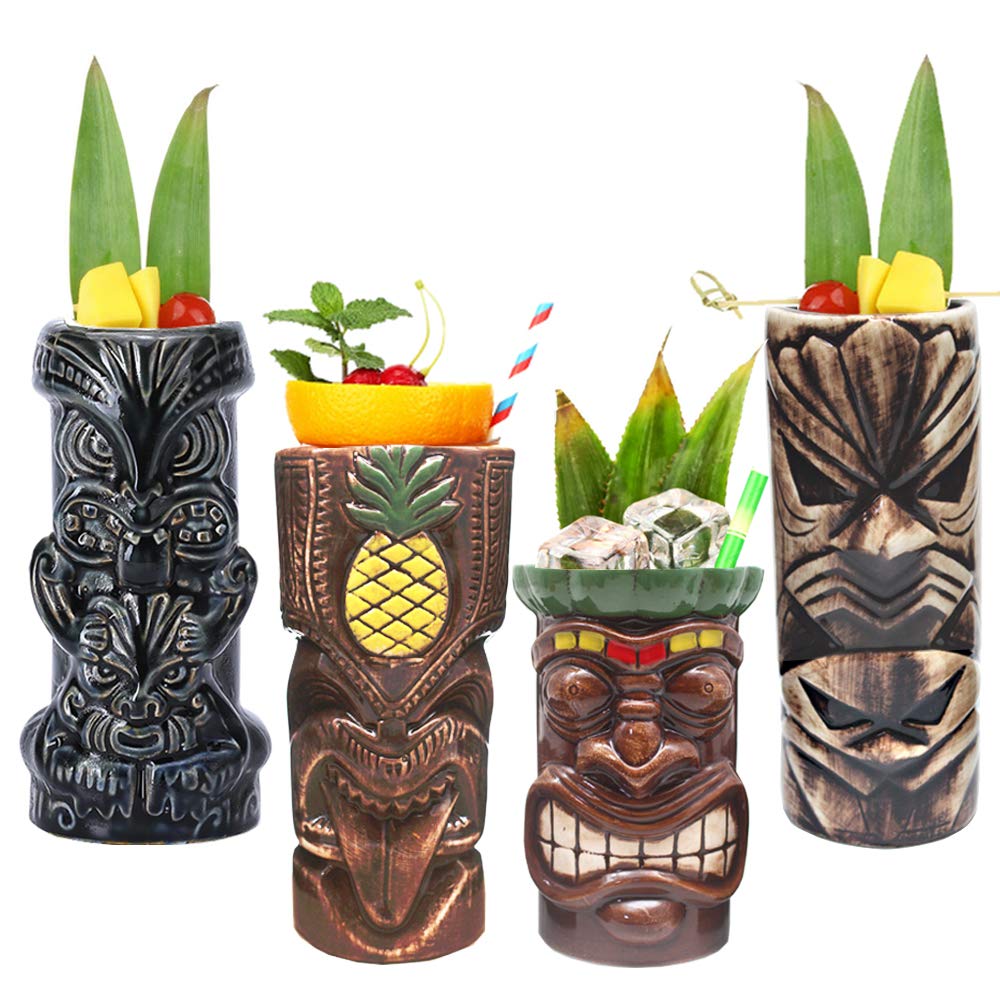 LINALL Tiki Mugs set of 4 with large tumblers, ideal for tropical cocktails.