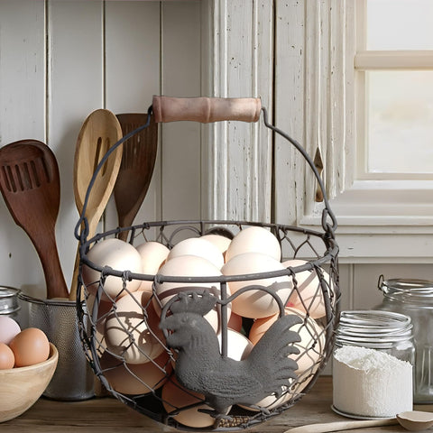 LINCOUNTRY round metal egg basket in farmhouse style for countertop display.