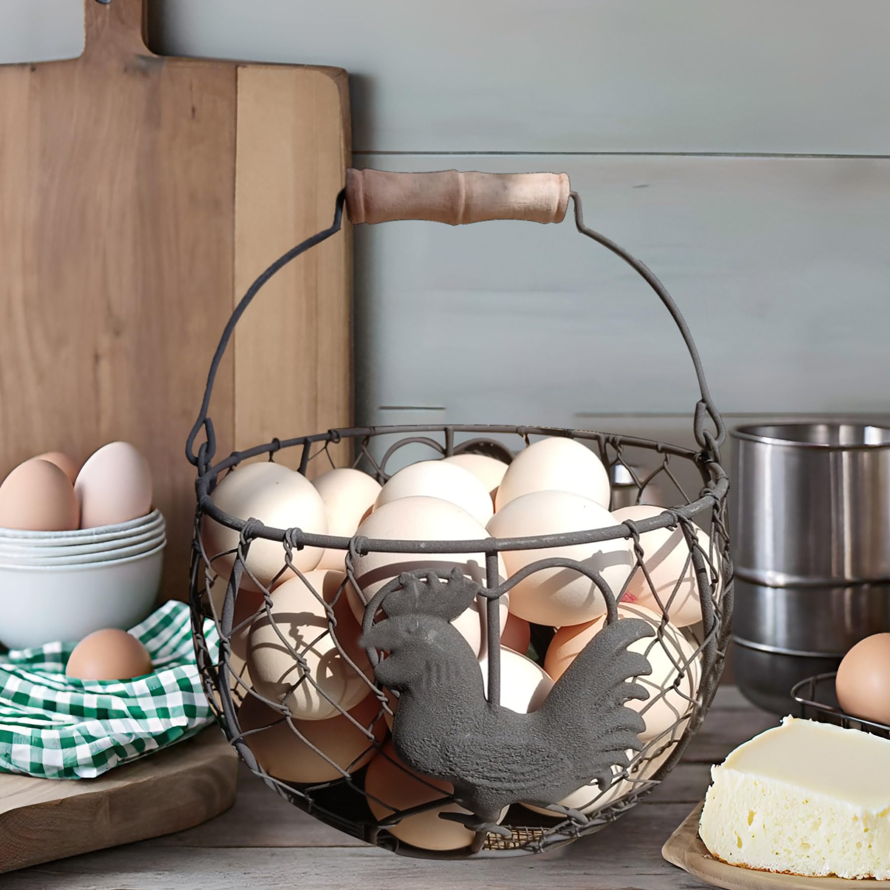 LINCOUNTRY vintage chicken wire egg basket adds rustic charm.