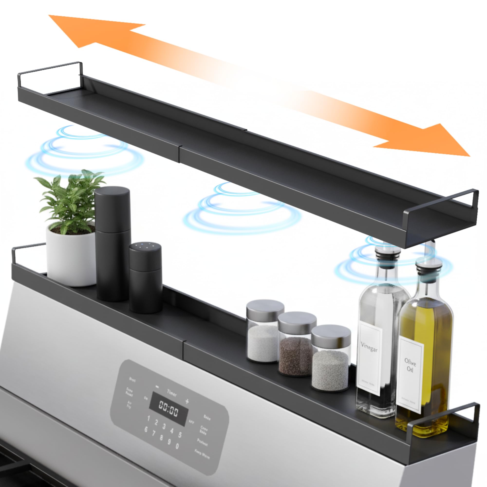 Linda's Essentials extendable stove shelf adds extra spice storage above the stove.
