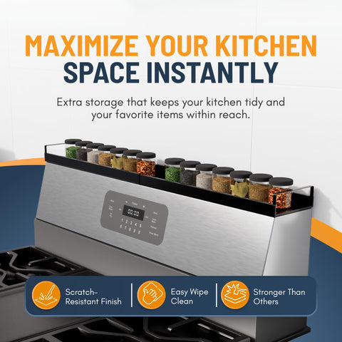 Linda's Essentials magnetic stove top shelf keeps condiments within reach.