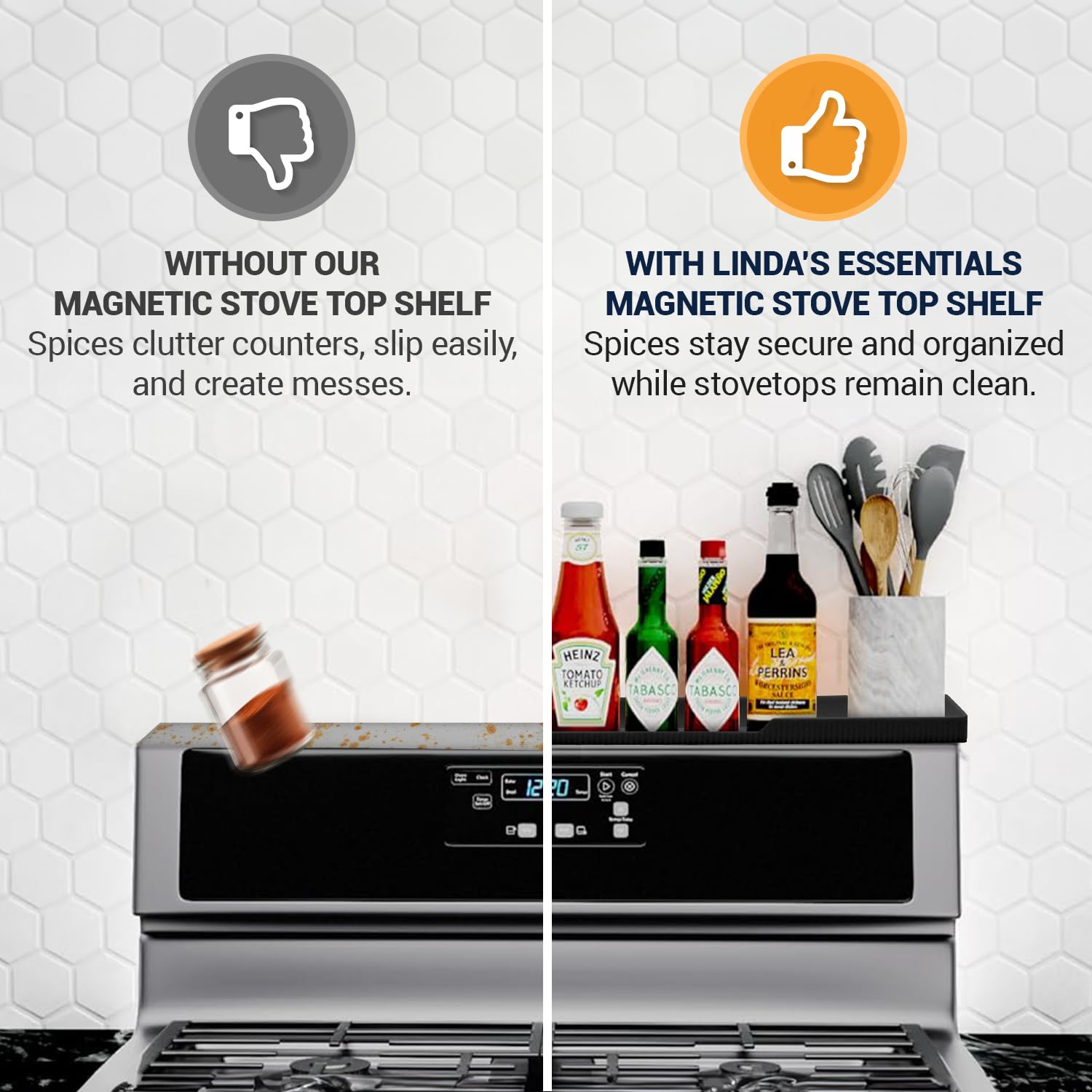 Linda's Essentials over-stove shelf is dishwasher-safe for quick cleanup.