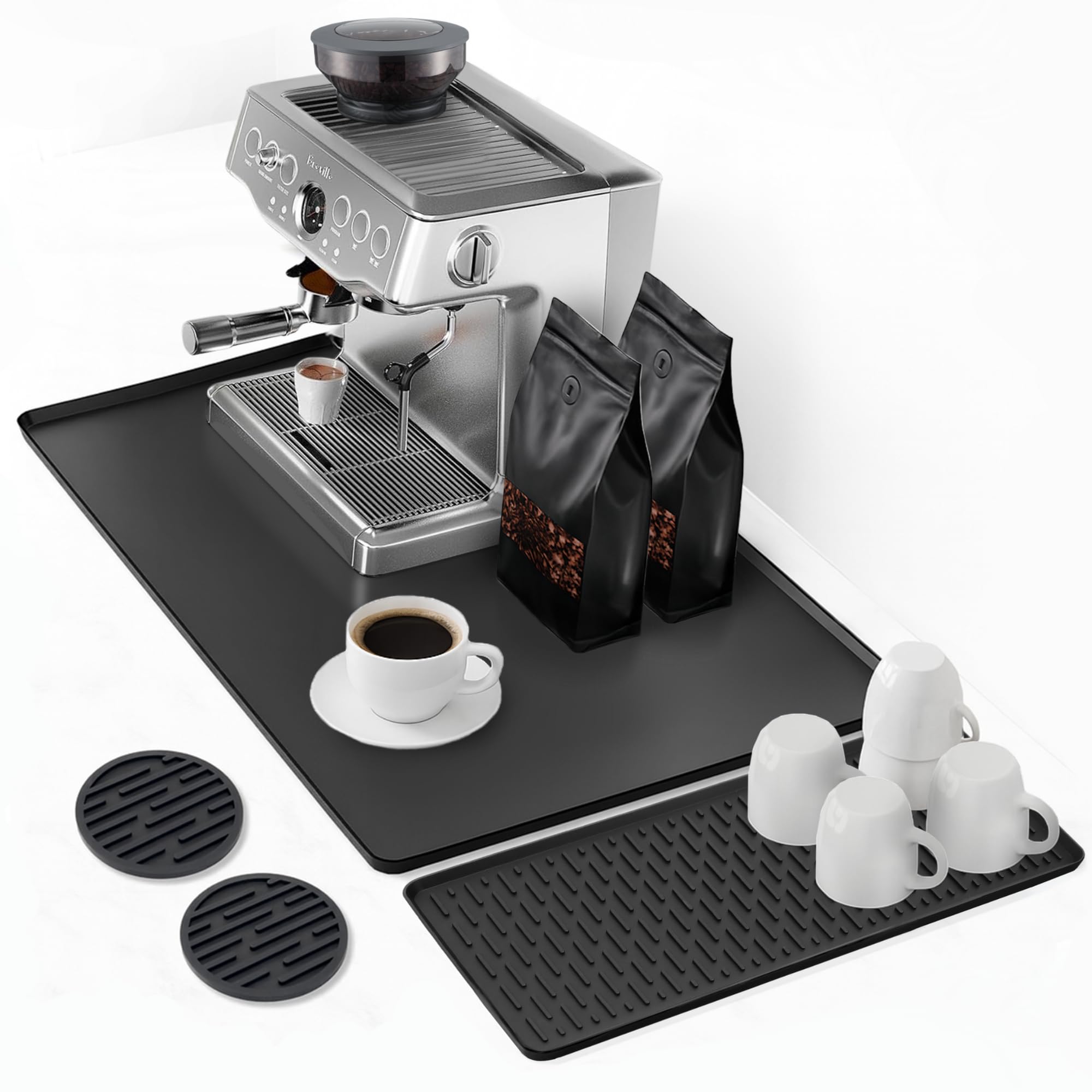 Linda's Essentials silicone coffee mat 24x16 overview keeps counter organized and protected during busy mornings