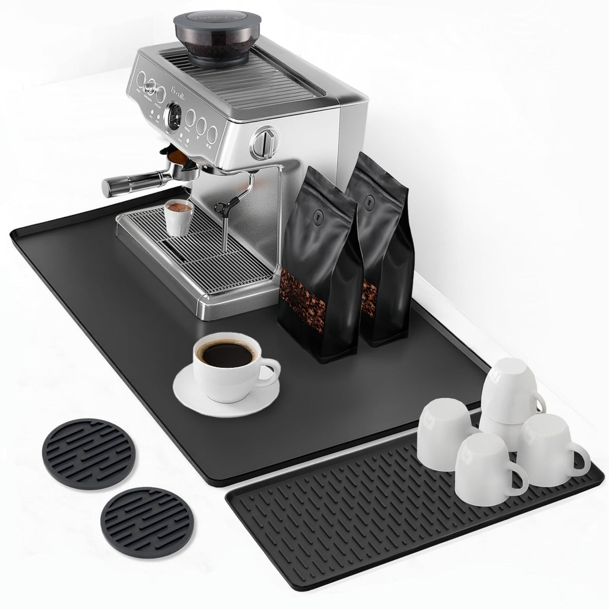 Linda's Essentials silicone coffee mat 24x16 overview keeps counter organized and protected during busy mornings
